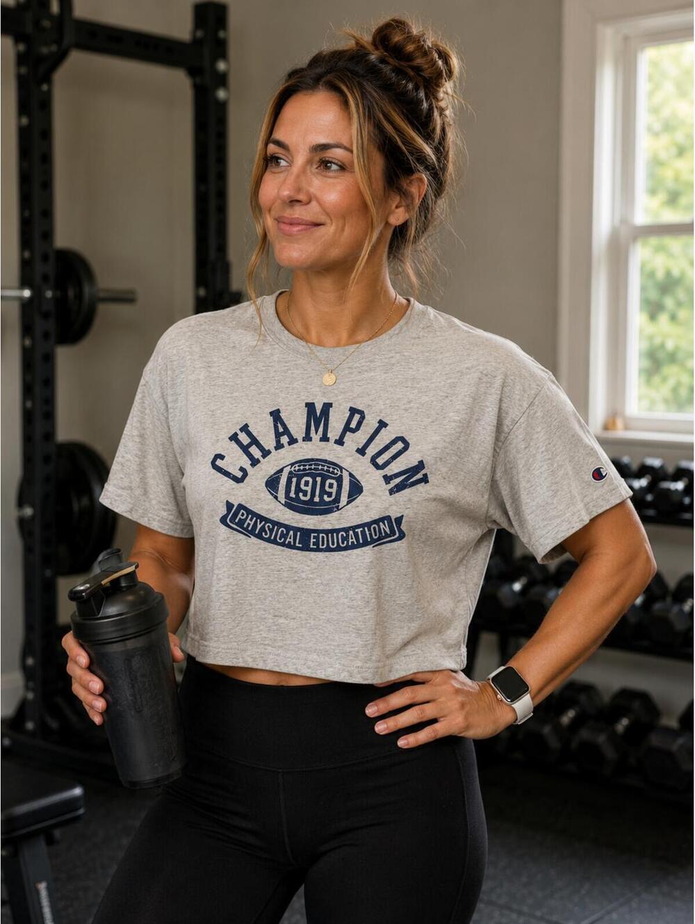 Champion Cropped Graphic Tee Women’s Large Gray “Champion Physical Education”NWT